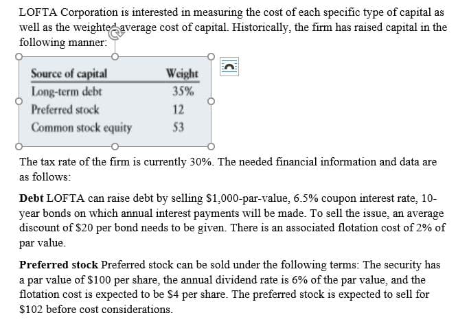 LOFTA Corporation is interested in measuring the cost of each specific type of capital as
well as the weighte average cost of capital. Historically, the firm has raised capital in the
following manner:
Source of capital
Long-term debt
Preferred stock
Weight
35%
12
Common stock equity
53
The tax rate of the firm is currently 30%. The needed financial information and data are
as follows:
Debt LOFTA can raise debt by selling $1,000-par-value, 6.5% coupon interest rate, 10-
year bonds on which annual interest payments will be made. To sell the issue, an average
discount of $20 per bond needs to be given. There is an associated flotation cost of 2% of
par value.
Preferred stock Preferred stock can be sold under the following terms: The security has
a par value of $100 per share, the annual dividend rate is 6% of the par value, and the
flotation cost is expected to be $4 per share. The preferred stock is expected to sell for
$102 before cost considerations.
