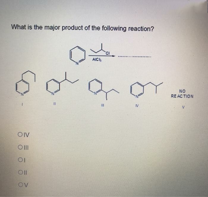 What is the major product of the following reaction?
.......
AICI
NO
RE ACTION
OIV
O II
OV
