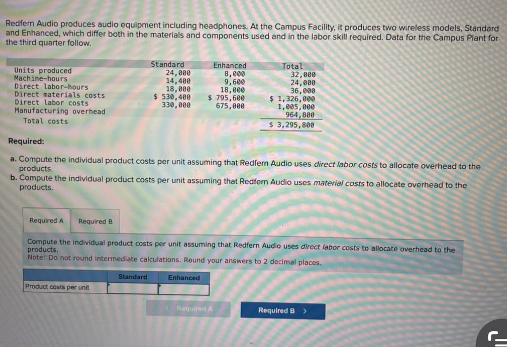 Redfern Audio produces audio equipment including headphones. At the Campus Facility, it produces two wireless models, Standard
and Enhanced, which differ both in the materials and components used and in the labor skill required. Data for the Campus Plant for
the third quarter follow.
Units produced
Machine-hours
Direct labor-hours
Direct materials costs
Direct labor costs
Manufacturing overhead
Total costs
Standard
24,000
14,400
18,000
$530,400
330,000
Product costs per unit
Standard
Enhanced
8,000
9,600
18,000
$ 795,600
675,000
Required:
a. Compute the individual product costs per unit assuming that Redfern Audio uses direct labor costs to allocate overhead to the
products.
b. Compute the individual product costs per unit assuming that Redfern Audio uses material costs to allocate overhead to the
products.
Enhanced
Total
Required A Required B
Compute the individual product costs per unit assuming that Redfern Audio uses direct labor costs to allocate overhead to the
products.
Note: Do not round intermediate calculations. Round your answers to 2 decimal places.
32,000
24,000
36,000
< Required A
$ 1,326,000
1,005,000
964,800
$ 3,295,800
Required B >
