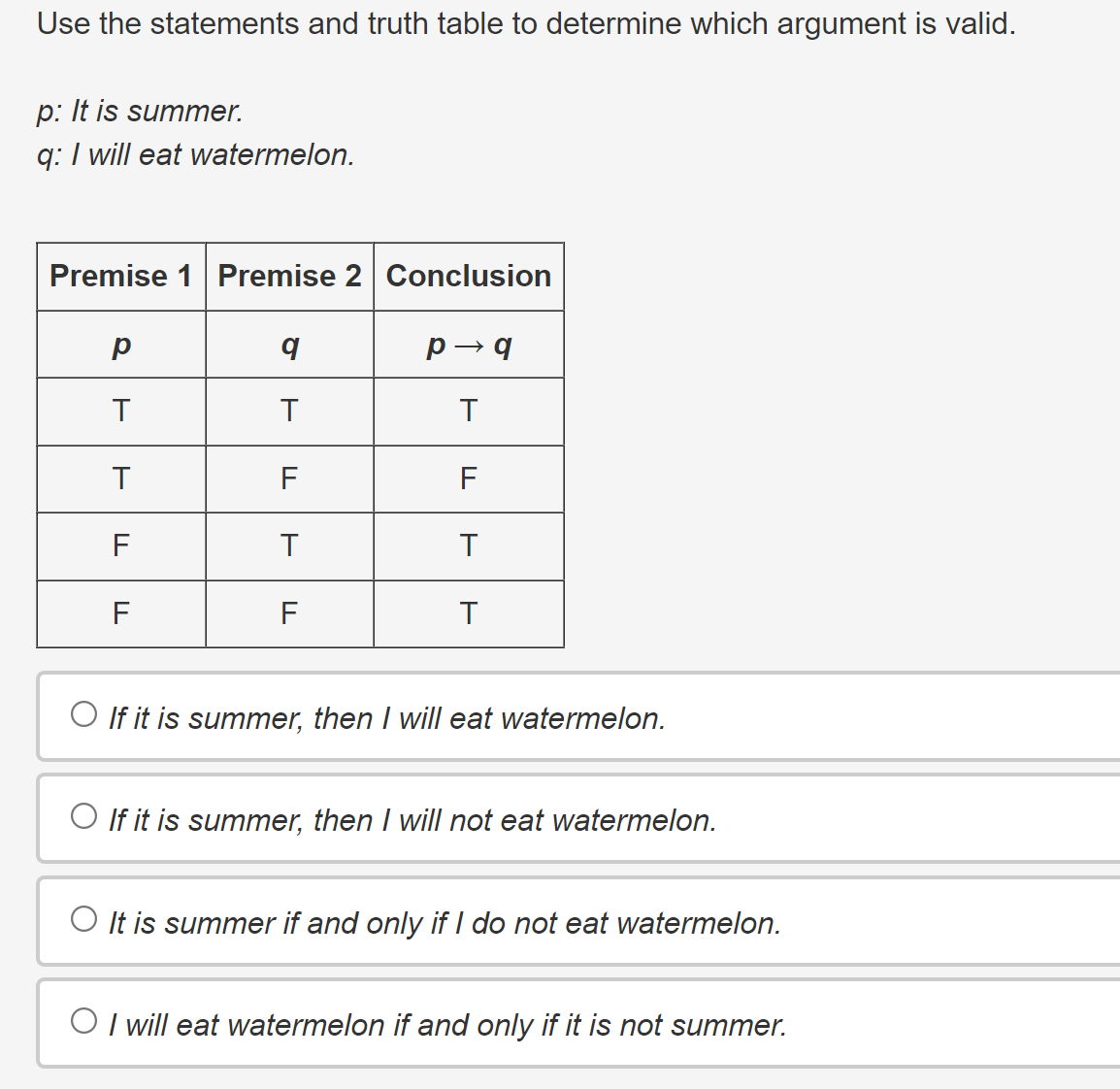 Use the statements and truth table to determine which argument is valid.
p: It is summer.
q: I will eat watermelon.
Premise 1 Premise 2 Conclusion
p
q
p→ q
T
T
T
T
F
F
F
T
T
F
F
T
If it is summer, then I will eat watermelon.
If it is summer, then I will not eat watermelon.
It is summer if and only if I do not eat watermelon.
OI will eat watermelon if and only if it is not summer.