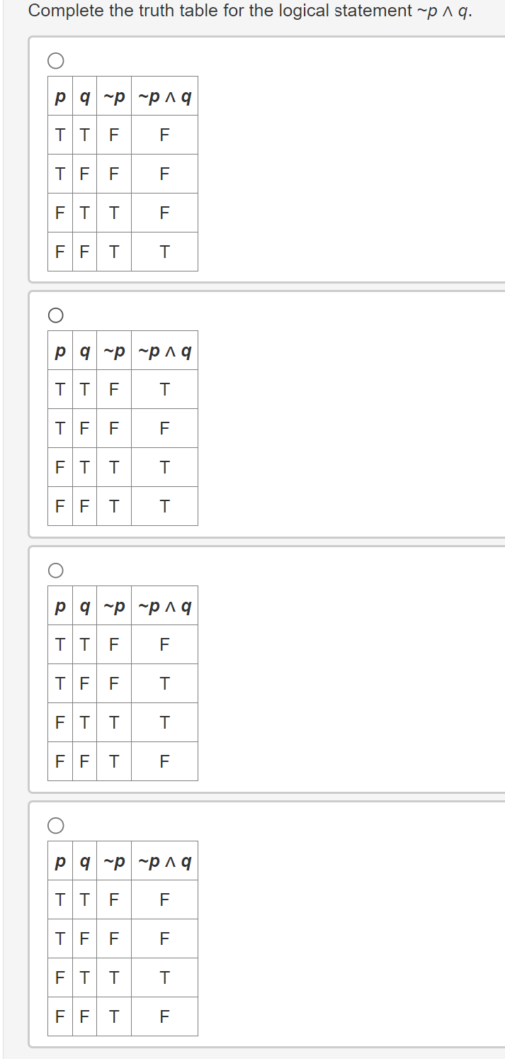 Complete the truth table for the logical statement ~p ^ q.
р д-р ~рла
TT
LL
FL
TFF
FTT
F
F
LL
F
FFT T
О
р 9-р ~рла
TTF
Τ
TFF
FL
FTT
Τ
FFT
T
O
р 9-р ~рла
TTF
TF
FL
FL
FTT
T
T
FFT
F
O
р 9-р ~рла
TTF
TFF
FTT
FFT
LL
F
LL
F
T
LL
F