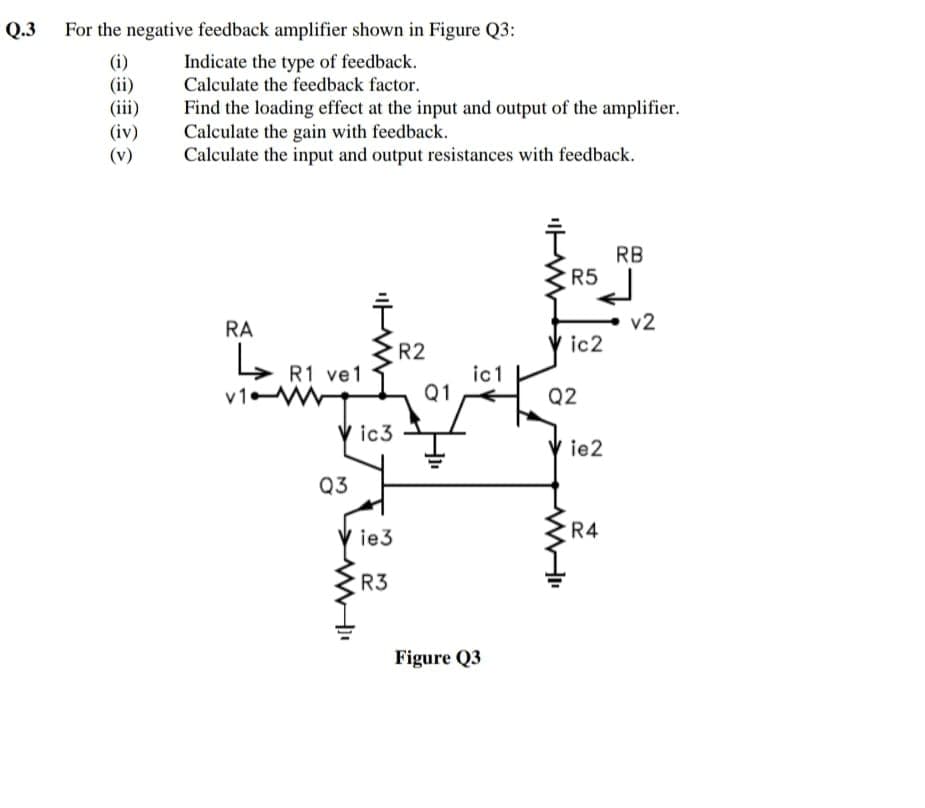 Q.3
For the negative feedback amplifier shown in Figure Q3:
(i)
(ii)
(iii)
(iv)
Indicate the type of feedback.
Calculate the feedback factor.
Find the loading effect at the input and output of the amplifier.
Calculate the gain with feedback.
Calculate the input and output resistances with feedback.
RB
R5
RA
v2
R2
ic2
R1 ve1
ic1
v1-
Q1
Q2
V ic3
V ie2
Q3
ie3
R4
R3
Figure Q3
