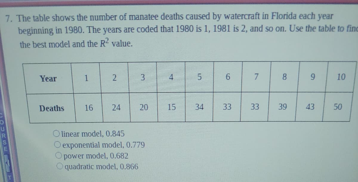 7. The table shows the number of manatee deaths caused by watercraft in Florida each year
beginning in 1980. The years are coded that 1980 is 1, 1981 is 2, and so on. Use the table to finc
the best model and the R2 value.
Year
1
2
3
4.
8.
10
Deaths
16
24
15
34
33
33
39
43
50
linear model, 0.845
exponential model, 0.779
power model, 0.682
quadratic model, 0.866
9.
20
