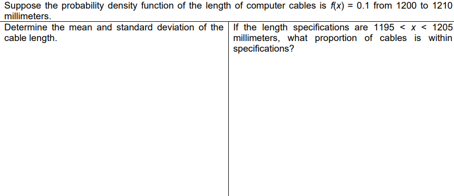 Suppose the probability density function of the length of computer cables is f(x) = 0.1 from 1200 to 1210
millimeters.
Determine the mean and standard deviation of the If the length specifications are 1195 < x < 1205
cable length.
millimeters, what proportion of cables is within
specifications?