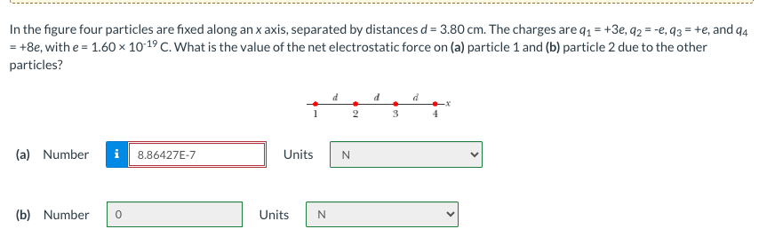 In the figure four particles are fixed along an x axis, separated by distances d = 3.80 cm. The charges are q₁ = +3e, q2 = -e, 93 = +e, and 94
= +8e, with e = 1.60 x 10-1⁹ C. What is the value of the net electrostatic force on (a) particle 1 and (b) particle 2 due to the other
particles?
(a) Number i
(b) Number 0
8.86427E-7
1
Units
Units
N
N
2
d
3
d
4
X