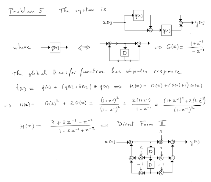 Problem 5:
=S
where
H(z) =
The system is
H(z)=
g[n]
хти).
3+2z-1-z-2
1-2=-1+2-²
The global transfer function has impulse response.
hon] = gon] + [g[n] + 8[n]) * gen) =>
G(z)² + 2G(z) =
(1+z-1) ²
(1-z-1)²
=
g[n]
+
x [n]-
2 (1+z-¹)
1-2-1
=>G(z)=
2
g[n]
H (2) = G(2) + (G(z) + 1) G(z)
=
Direct Form I
3
نیا
N
в у сиз
1+z"
1-2-1
(1+2-1)² +2(1-2²)
(1-z-1)²
→y [n)
у