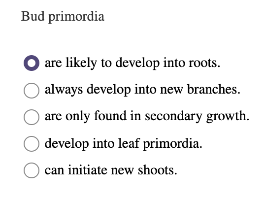 Bud primordia
are likely to develop into roots.
always develop into new branches.
are only found in secondary growth.
develop into leaf primordia.
can initiate new shoots.
