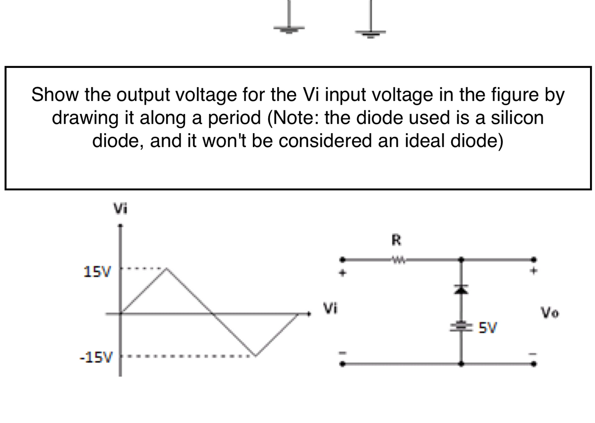 Show the output voltage for the Vi input voltage in the figure by
drawing it along a period (Note: the diode used is a silicon
diode, and it won't be considered an ideal diode)
Vi
R
15V
Vi
Vo
* 5V
-15V
