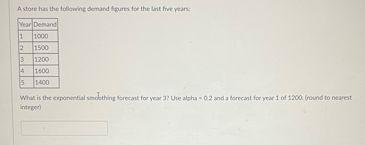 A store has the following demand figures for the last five years:
Year Demand
1
1000
2
1500
3
1200
4
1600
5
1400
What is the exponential smoothing forecast for year 3? Use alpha = 0.2 and a forecast for year 1 of 1200. (round to nearest
integer)