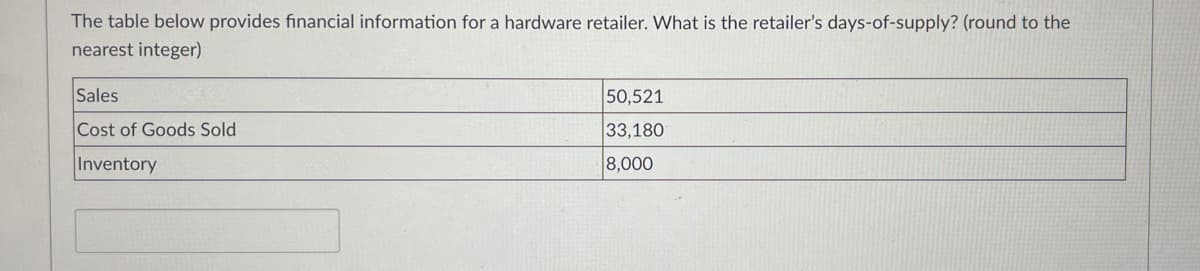 The table below provides financial information for a hardware retailer. What is the retailer's days-of-supply? (round to the
nearest integer)
Sales
Cost of Goods Sold
Inventory
50,521
33,180
8,000