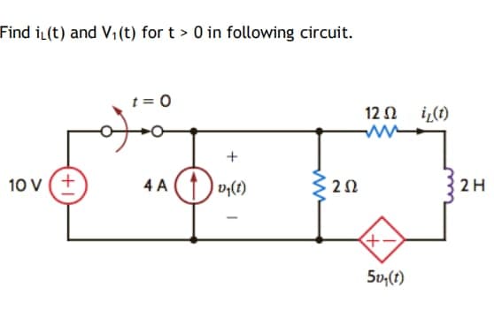Find iL(t) and Vi(t) for t > 0 in following circuit.
t = 0
12 N iL(t)
10 v (+
4 A
2H
(1)-a
5v,(t)
ww
