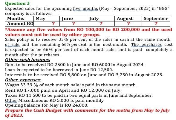 Question 3
Expected sales for the upcoming five months (May - September, 2023) in "GGG"
company is as follows.
Months
May
Amount RO
June
?
July
?
August
?
?
*Assume any five values from RO 100,000 to RO 200,000 and the used
values must not be used by other groups.
Sales policy is to receive 33% per cent of the sales in cash at the same month
of sale, and the remaining 66% per cent in the next month. The purchases cost
is expected to be 66% per cent of each month sales and is paid completely a
month after the purchases.
September
?
Other cash incomes
Rent to be received RO 2500 in June and RO 6000 in August 2024.
Loan is expected to be borrowed in June RO 12,500.
Interest is to be received RO 5,800 on June and RO 3,750 in August 2023.
Other expenses:
Wages 33.33 % of each month sale is paid in the same month.
Rent RO 17,000 paid on April and RO 12,000 on July.
Taxes RO 11,500 to be paid in two equal parts in June and September.
Other Miscellaneous RO 5,000 is paid monthly
Opening balance for May is RO 24,000.
Prepare the Cash Budget with comments for the moths from May to July
of 2023.