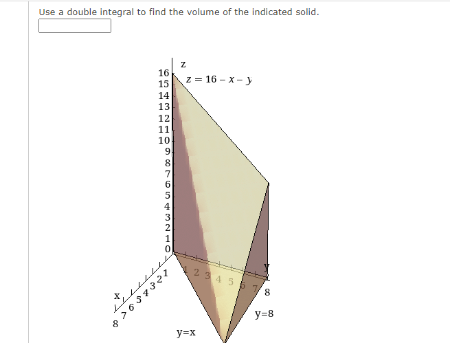 Use a double integral to find the volume of the indicated solid.
16
15
14
13
12
11
10
9
(OHNWS 06
ill
82657327
N
z = 16-x-y
2 3 4 5 6
y=x
8
y=8