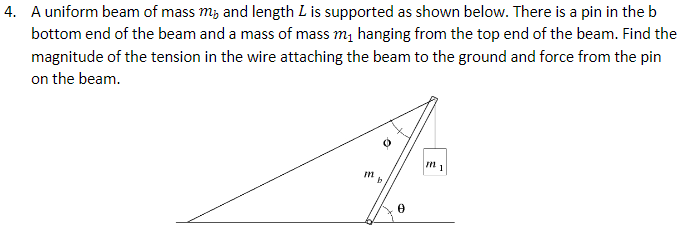 4. A uniform beam of mass m, and length L is supported as shown below. There is a pin in theb
bottom end of the beam and a mass of mass m, hanging from the top end of the beam. Find the
magnitude of the tension in the wire attaching the beam to the ground and force from the pin
on the beam.
