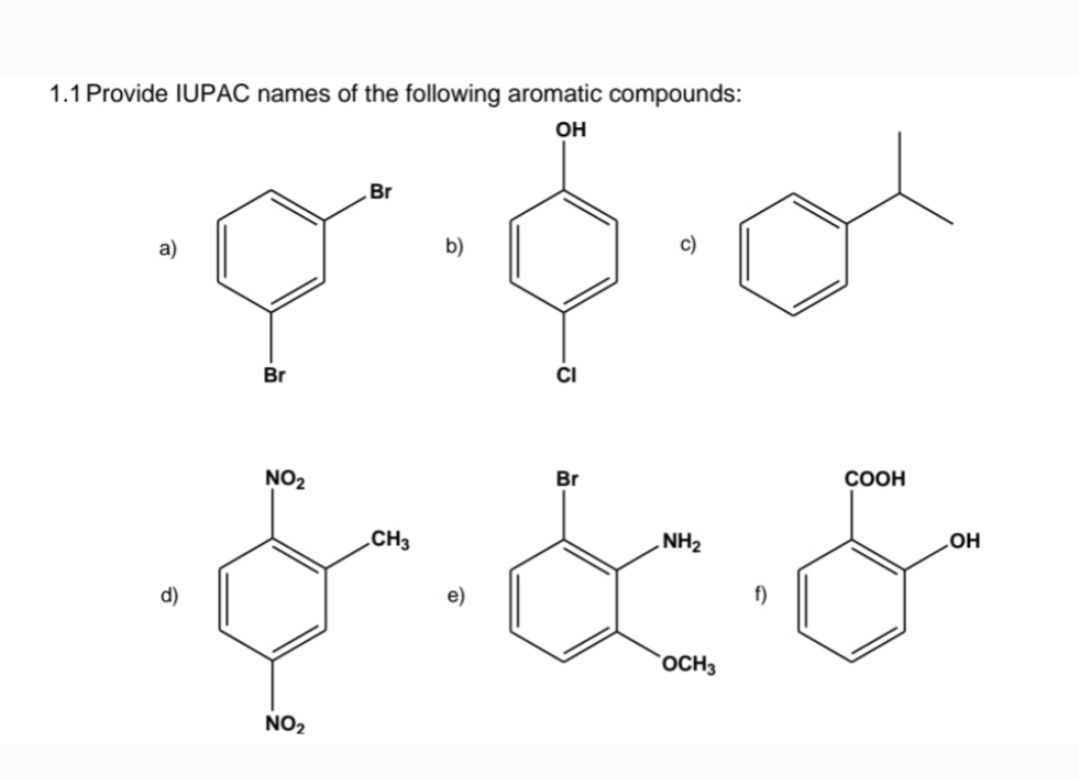 1.1 Provide IUPAC names of the following aromatic compounds:
OH
0.0.0
Br
NO₂
CH3
•$.&
Br
NO₂
Br
NH₂
OCH3
COOH
OH
