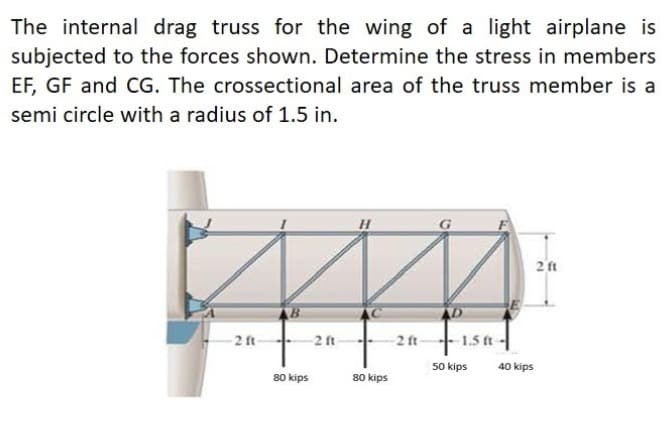 The internal drag truss for the wing of a light airplane is
subjected to the forces shown. Determine the stress in members
EF, GF and CG. The crossectional area of the truss member is a
semi circle with a radius of 1.5 in.
2 ft
2 ft
2 ft
2 ft
1.5 ft-
50 kips
40 kips
80 kips
80 kips
