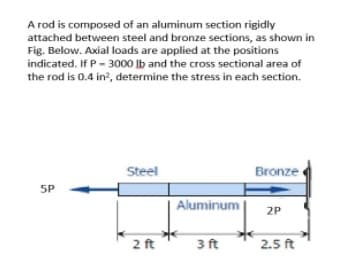 A rod is composed of an aluminum section rigidly
attached between steel and bronze sections, as shown in
Fig. Below. Axial loads are applied at the positions
indicated. If P- 3000 lb and the cross sectional area of
the rod is 0.4 in², determine the stress in each section.
Steel
Bronze
5P
Aluminum
2P
2 ft
3 ft
2.5 ft
