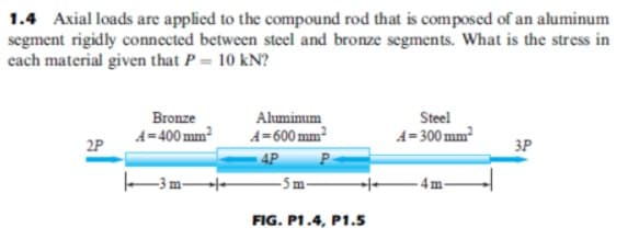 1.4 Axial loads are applied to the compound rod that is composed of an aluminum
segment rigidly connected between steel and bronze segments. What is the stress in
each material given that P = 10 kN?
Bronze
Steel
Aluminum
A=600 mm?
4P
A=400 mm²
A= 300 mm?
2P
3P
P
-3m-
-5m-
- 4 m
FIG. P1.4, P1.5
