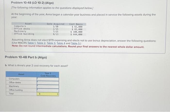 Problem 10-48 (LO 10-2) (Algo)
[The following information applies to the questions displayed below.]
At the beginning of the year, Anna began a calendar-year business and placed in service the following assets during the
year:
Asset
Computers
Office desks
Machinery
office building
Assuming Anna does not elect $179 expensing and elects not to use bonus depreciation, answer the following questions:
(Use MACRS Table 1. Table 2. Table 3. Table 4 and Table 5.)
Note: Do not round intermediate calculations. Round your final answers to the nearest whole dollar amount.
Problem 10-48 Part b (Algo)
b. What is Anna's year 2 cost recovery for each asset?
Asset
Computers
Office desks
Date Acquired
1/30
2/15
7/25
8/13
Machinery
Office building
Total
Year 2
Cost Recovery
S
Cost Basis
$ 61,000
$ 65,000
108,000
$
$ 444,000