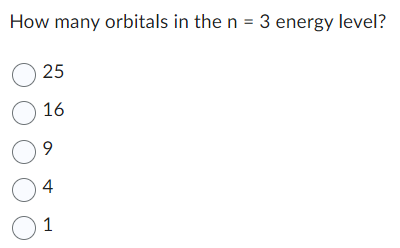 How many orbitals in the n = 3 energy level?
025
016
O
O 4
01
9