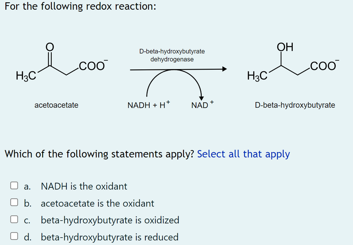 For the following redox reaction:
ОН
D-beta-hydroxybutyrate
dehydrogenase
.co
.CO
.COO
H3C
H3C
acetoacetate
NADH + H*
NAD +
D-beta-hydroxybutyrate
Which of the following statements apply? Select all that apply
а.
NADH is the oxidant
b. acetoacetate is the oxidant
c. beta-hydroxybutyrate is oxidized
O d. beta-hydroxybutyrate is reduced
