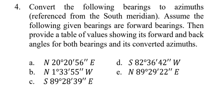 4. Convert
(referenced from the South meridian). Assume the
following given bearings are forward bearings. Then
provide a table of values showing its forward and back
angles for both bearings and its converted azimuths.
the following bearings
azimuths
N 20°20'56" E
N 1°33'55" W
d. S 82°36'42" W
e. N 89°29'22" E
а.
b.
S 89°28'39" E
с.
