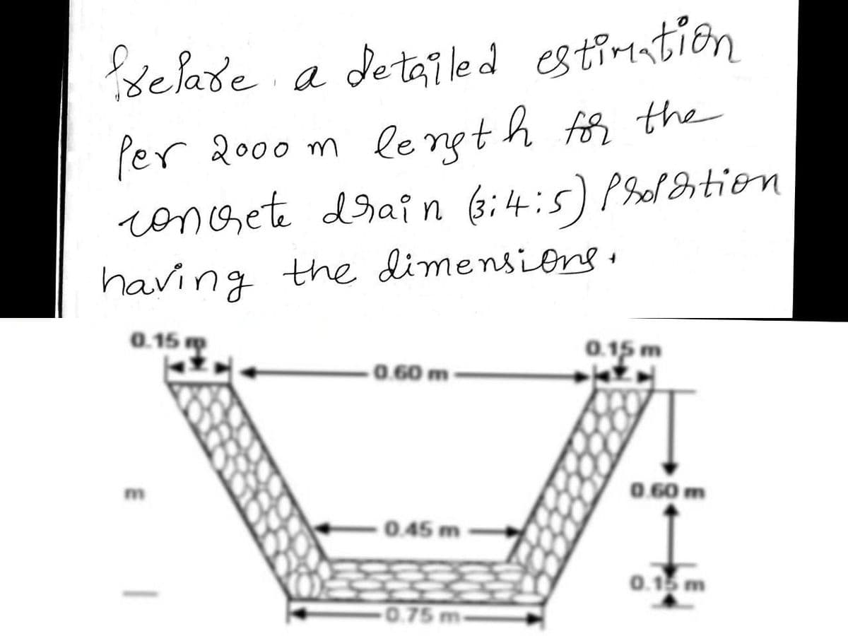 selade a detailed estimation
h for the
Per 2000 m lengt
ronGet draf n 6:4:5) PSel Ortion
having the dimensions.
0.15
0.15 m
0.60 m
O.60 m
m
0.45 m
0.15 m
0.75 m-

