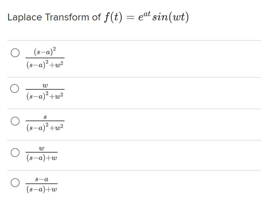 Laplace Transform of f(t) = eªt sin(wt)
о
O
(s-a)²+w²
ພ
(s-a)²+w²
S
(s-a) ²+w²
W
(s-a)+w
s-a
(s-a)+w