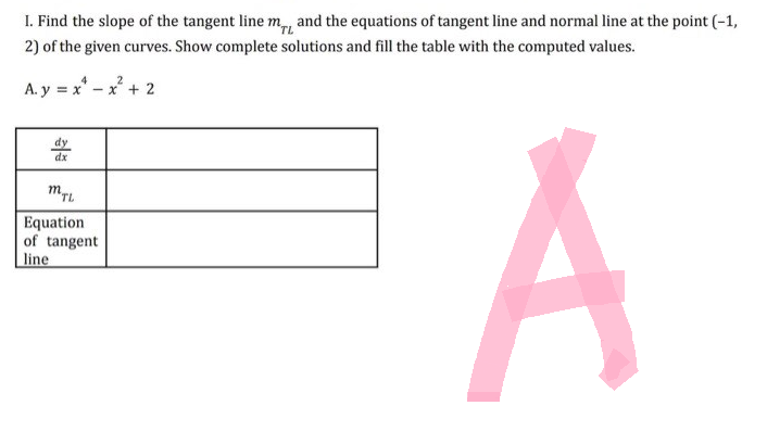 I. Find the slope of the tangent line m, and the equations of tangent line and normal line at the point (-1,
2) of the given curves. Show complete solutions and fill the table with the computed values.
A.y = x- - x² + 2
A
dy
dx
MTL
Equation
of tangent
line
