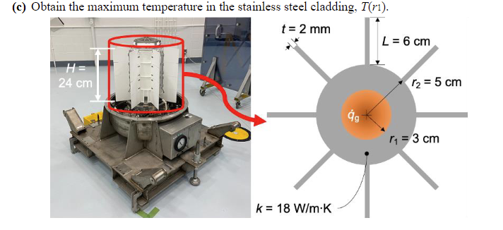 (c) Obtain the maximum temperature in the stainless steel cladding, T(ri).
t = 2 mm
H=
24 cm
k = 18 W/m.K
åg
L = 6 cm
r₂ = 5 cm
r₁ = 3 cm