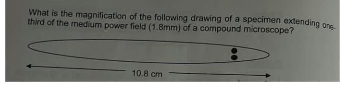 What is the magnification of the following drawing of a specimen extending one-
third of the medium power field (1.8mm) of a compound microscope?
10.8 cm
