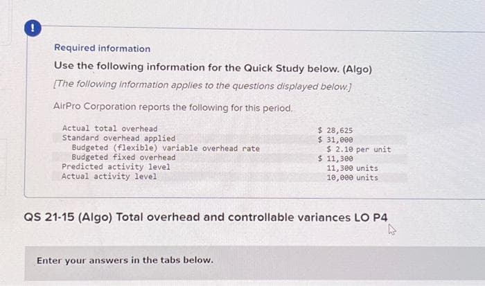 !
Required information
Use the following information for the Quick Study below. (Algo)
[The following information applies to the questions displayed below.]
AirPro Corporation reports the following for this period.
Actual total overhead.
Standard overhead applied
Budgeted (flexible) variable overhead rate
Budgeted fixed overhead.
Predicted activity level
Actual activity level.
$ 28,625
$ 31,000
Enter your answers in the tabs below.
$ 2.10 per unit
$ 11,300
11,300 units
10,000 units
QS 21-15 (Algo) Total overhead and controllable variances LO P4