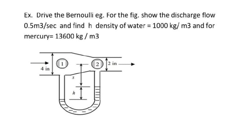 Ex. Drive the Bernoulli eg. For the fig. show the discharge flow
0.5m3/sec and find h density of water = 1000 kg/m3 and for
mercury= 13600 kg/m3
4 in
0
22 in