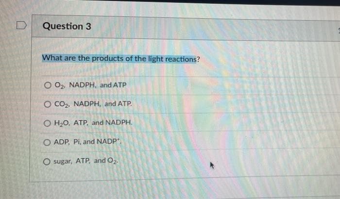 D
Question 3
What are the products of the light reactions?
O O₂, NADPH, and ATP
O CO₂, NADPH, and ATP.
O H₂O, ATP, and NADPH.
O ADP, Pi, and NADP+.
O sugar, ATP, and O₂.
*