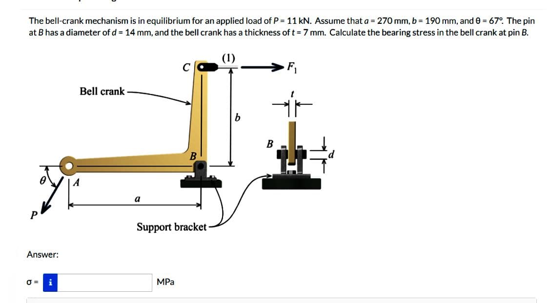 The bell-crank mechanism is in equilibrium for an applied load of P = 11 kN. Assume that a = 270 mm, b = 190 mm, and 0 = 67°. The pin
at B has a diameter of d = 14 mm, and the bell crank has a thickness of t = 7 mm. Calculate the bearing stress in the bell crank at pin B.
(1)
Answer:
O=
i
Bell crank
a
C
MPa
B
Support bracket-
b
F₁
캬
B
