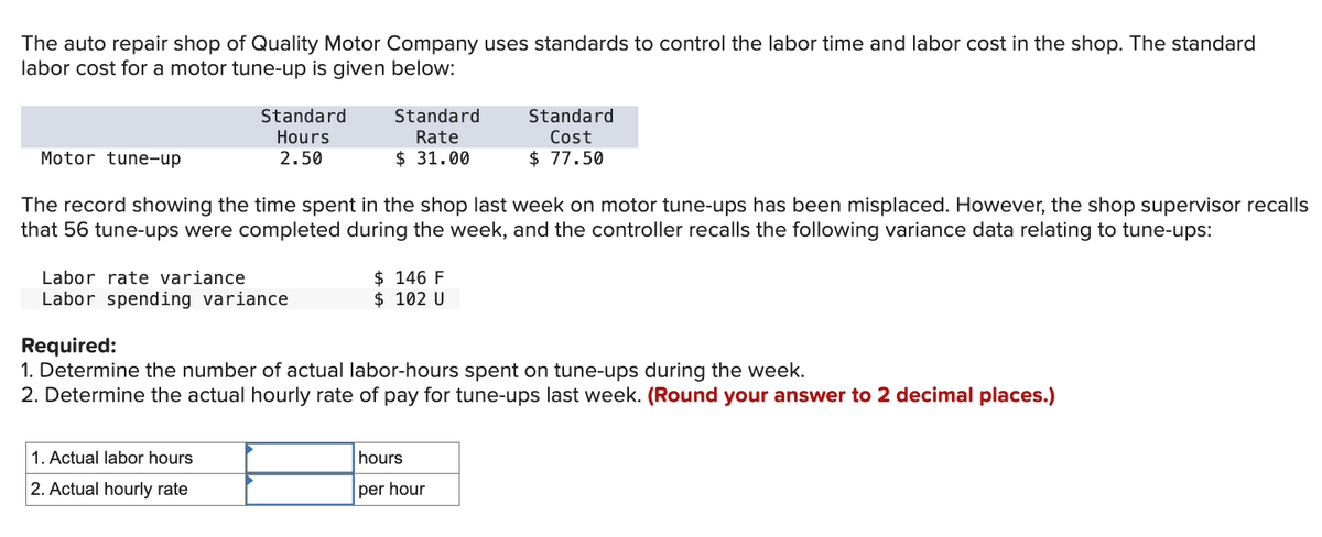 The auto repair shop of Quality Motor Company uses standards to control the labor time and labor cost in the shop. The standard
labor cost for a motor tune-up is given below:
Motor tune-up
Standard
Rate
Standard
Cost
Standard
Hours
2.50
$ 31.00
$ 77.50
The record showing the time spent in the shop last week on motor tune-ups has been misplaced. However, the shop supervisor recalls
that 56 tune-ups were completed during the week, and the controller recalls the following variance data relating to tune-ups:
Labor rate variance
$ 146 F
Labor spending variance
$ 102 U
Required:
1. Determine the number of actual labor-hours spent on tune-ups during the week.
2. Determine the actual hourly rate of pay for tune-ups last week. (Round your answer to 2 decimal places.)
1. Actual labor hours
2. Actual hourly rate
hours
per hour