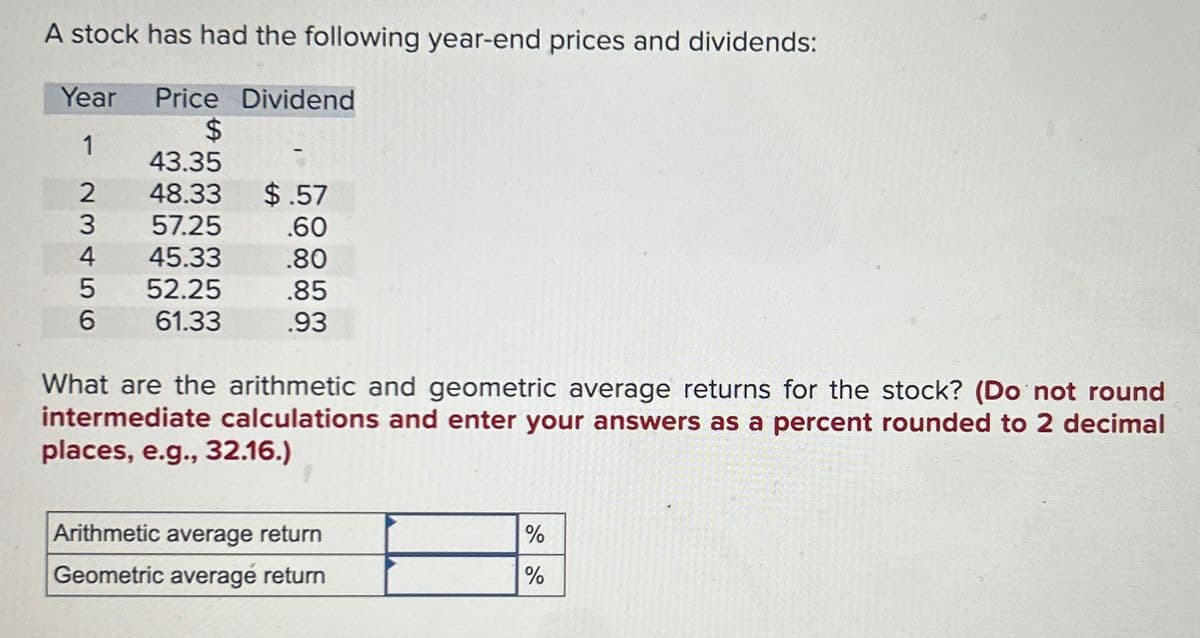 A stock has had the following year-end prices and dividends:
Year
Price Dividend
$
1
43.35
2
48.33
$.57
3
57.25
.60
4
45.33
.80
5
52.25
.85
6
61.33
.93
What are the arithmetic and geometric average returns for the stock? (Do not round
intermediate calculations and enter your answers as a percent rounded to 2 decimal
places, e.g., 32.16.)
Arithmetic average return
%
Geometric average return
%