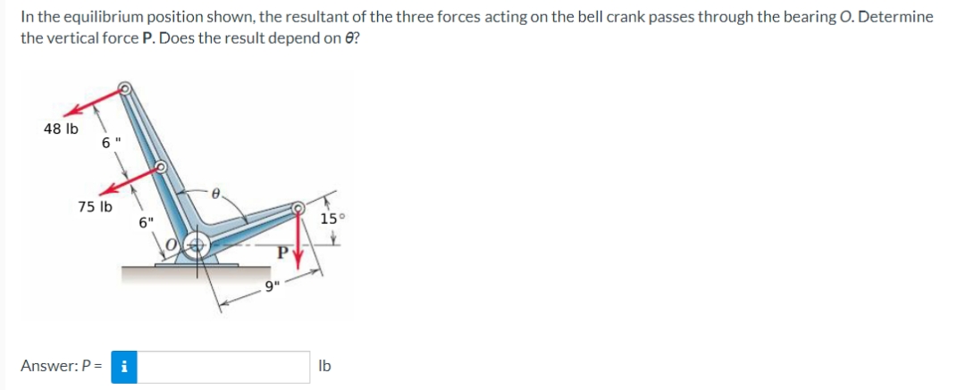In the equilibrium position shown, the resultant of the three forces acting on the bell crank passes through the bearing O. Determine
the vertical force P. Does the result depend on 0?
48 lb
6"
75 lb
Answer: P = i
6"
15°
$
lb