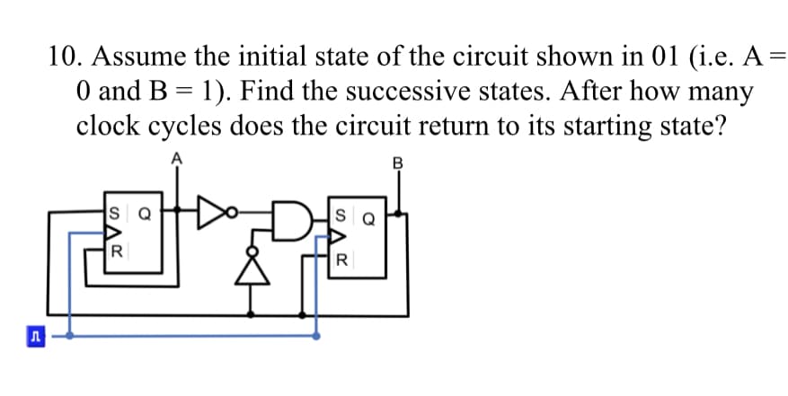 10. Assume the initial state of the circuit shown in 01 (i.e. A =
0 and B = 1). Find the successive states. After how many
clock cycles does the circuit return to its starting state?
B
SQ
S1R
Л
SQ
S1R