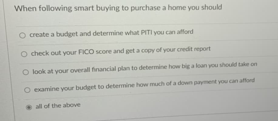 When following smart buying to purchase a home you should
O create a budget and determine what PITI you can afford
O check out your FICO score and get a copy of your credit report
O look at your overall financial plan to determine how big a loan you should take on
O examine your budget to determine how much of a down payment you can afford
all of the above