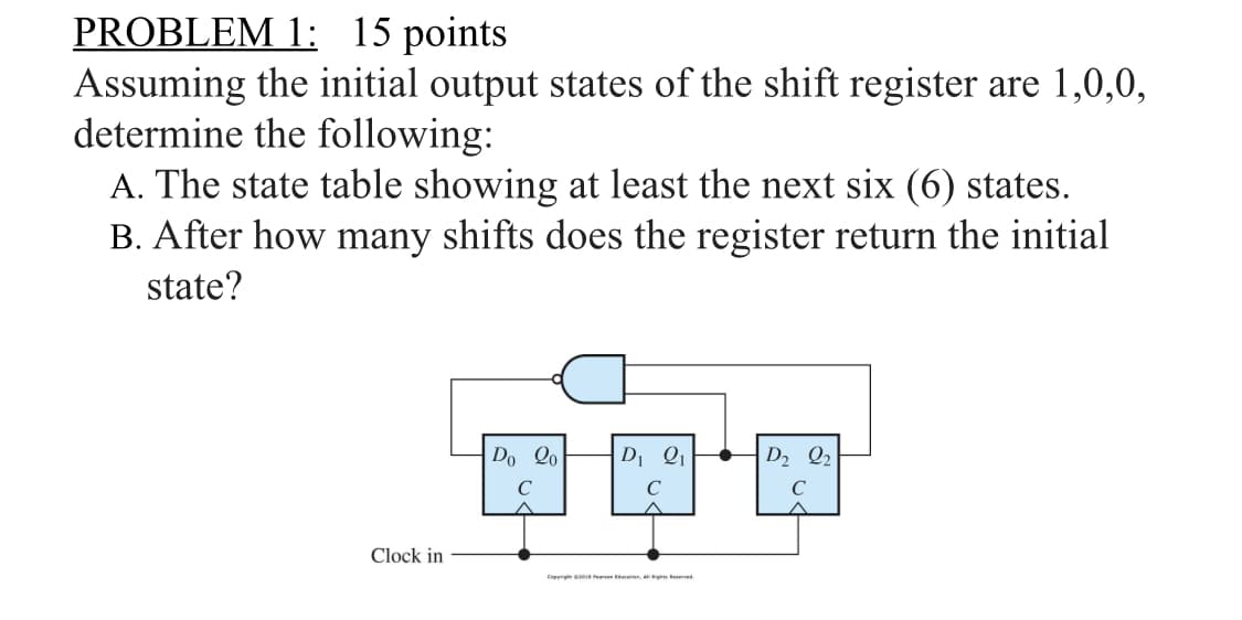 PROBLEM 1: 15 points
Assuming the initial output states of the shift register are 1,0,0,
determine the following:
A. The state table showing at least the next six (6) states.
B. After how many shifts does the register return the initial
state?
Do 20
C
D₁ Q1
D2 Q2
C
Clock in
Copyright 2018 El Rights Reserved.