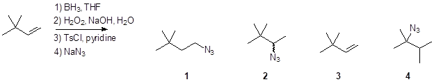 1) ВНз THF
2) H2O2. NaOH, H20
3) TSCI, pyridine
4) NaN3
N3
"Ng
N3
4
