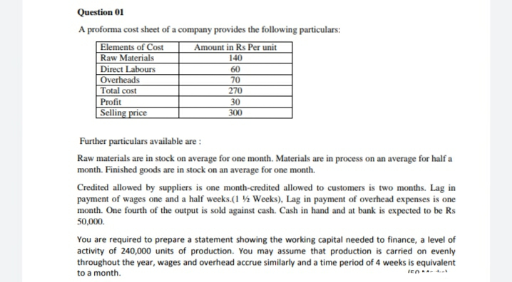 Question 01
A proforma cost sheet of a company provides the following particulars:
|Elements of Cost
Raw Materials
Direct Labours
Overheads
Total cost
Profit
|Selling price
Amount in Rs Per unit
140
60
70
270
30
300
Further particulars available are :
Raw materials are in stock on average for one month. Materials are in process on an average for half a
month. Finished goods are in stock on an average for one month.
Credited allowed by suppliers is one month-credited allowed to customers is two months. Lag in
payment of wages one and a half weeks.(1 ½ Weeks), Lag in payment of overhead expenses is one
month. One fourth of the output is sold against cash. Cash in hand and at bank is expected to be Rs
50,000.
You are required to prepare a statement showing the working capital needed to finance, a level of
activity of 240,000 units of production. You may assume that production is carried on evenly
throughout the year, wages and overhead accrue similarly and a time period of 4 weeks is equivalent
to a month.
