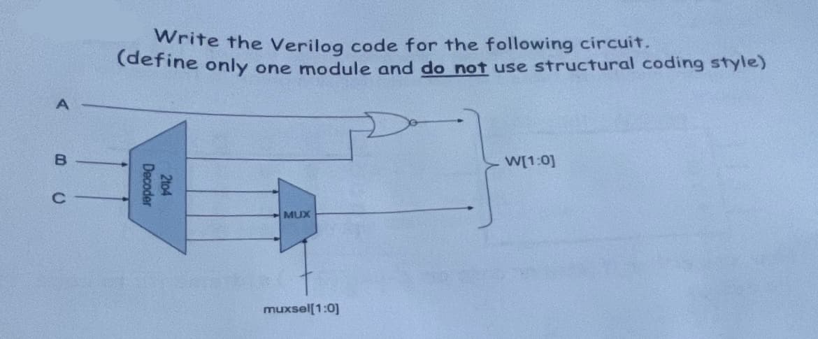 A
B
C
Write the Verilog code for the following circuit.
(define only one module and do not use structural coding style)
Decoder
2104
MUX
muxsel[1:0]
W[1:0]