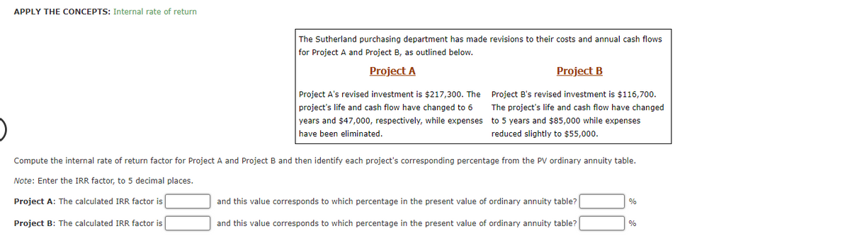 APPLY THE CONCEPTS: Internal rate of return
The Sutherland purchasing department has made revisions to their costs and annual cash flows
for Project A and Project B, as outlined below.
Project A
Project B
Project A's revised investment is $217,300. The Project B's revised investment is $116,700.
project's life and cash flow have changed to 6
The project's life and cash flow have changed
years and $47,000, respectively, while expenses to 5 years and $85,000 while expenses
have been eliminated.
reduced slightly to $55,000.
Compute the internal rate of return factor for Project A and Project B and then identify each project's corresponding percentage from the PV ordinary annuity table.
Note: Enter the IRR factor, to 5 decimal places.
Project A: The calculated IRR factor is
and this value corresponds to which percentage in the present value of ordinary annuity table?
%
Project B: The calculated IRR factor is
and this value corresponds to which percentage in the present value of ordinary annuity table?
%
