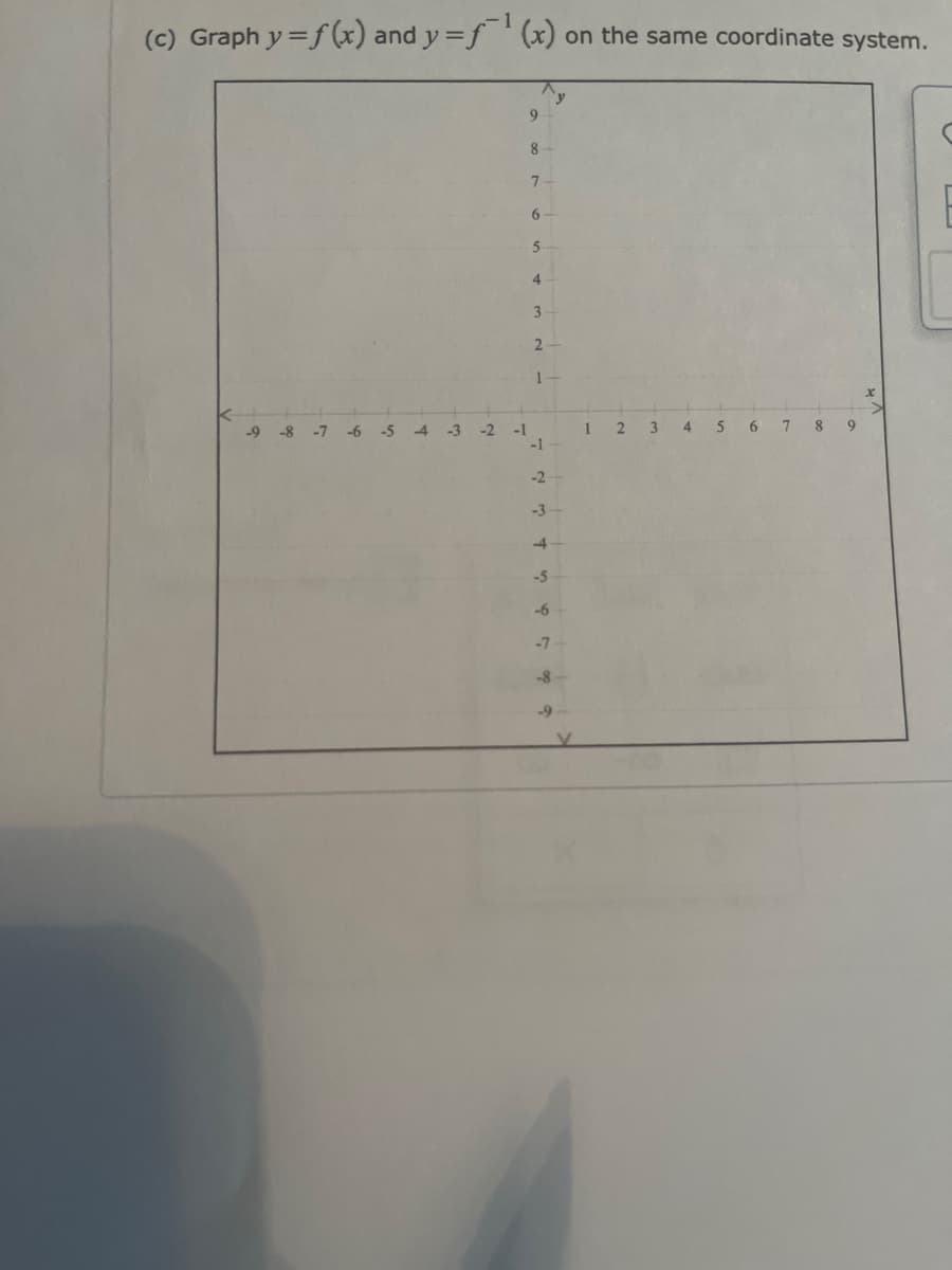 (c) Graph y= f(x) and y = f (x) on the same coordinate system.
9
8
7
6
5
4
3
2
1-
-9-8-7 -6
-5 4
-3
-2
-1
1 2 3 4 5 6 7 8 9
-1
-2
-3-
4
-5
-6
-7
-8
-9