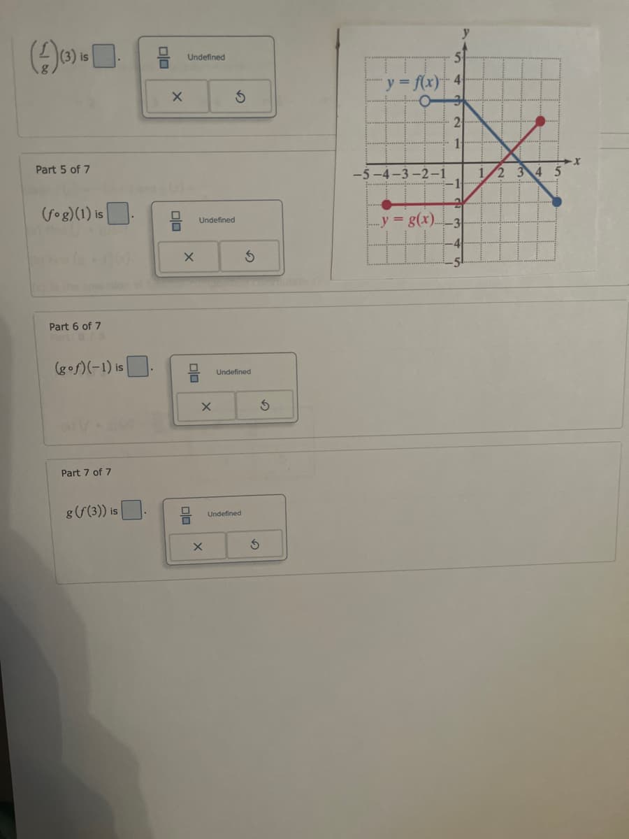 (4)(3)15
(£) (3) is
X
Part 5 of 7
Undefined
D
(fog) (1) is
Undefined
Part 6 of 7
(gof)(-1) is
Part 7 of 7
g(3)) is
5
y=f(x)-4
3
24
S
1
-5-4-3-2-1 1 2 3 4 5
y = g(x)-3
1
-4
Undefined
×
5
X
Undefined
G