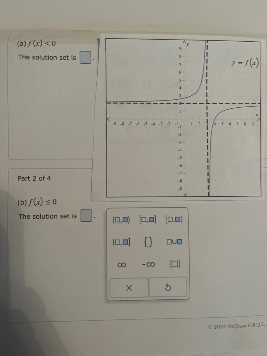 (a) f(x) <0
The solution set is
9
^y
Part 2 of 4
-9 -8 -7 -6 -5 -4 -3
8-
7
y = f(x)
6
5
4
3
1
-2
-3
-4
-5-
-6
-7-
-8-
-9
V
(b) f(x) ≤0
The solution set is
(0,0)
[0,0]
(0,0)
(0,0)
{ }
80
×
80-
G
I
4 5 6 7 8 9
2024 McGraw Hill LLC.