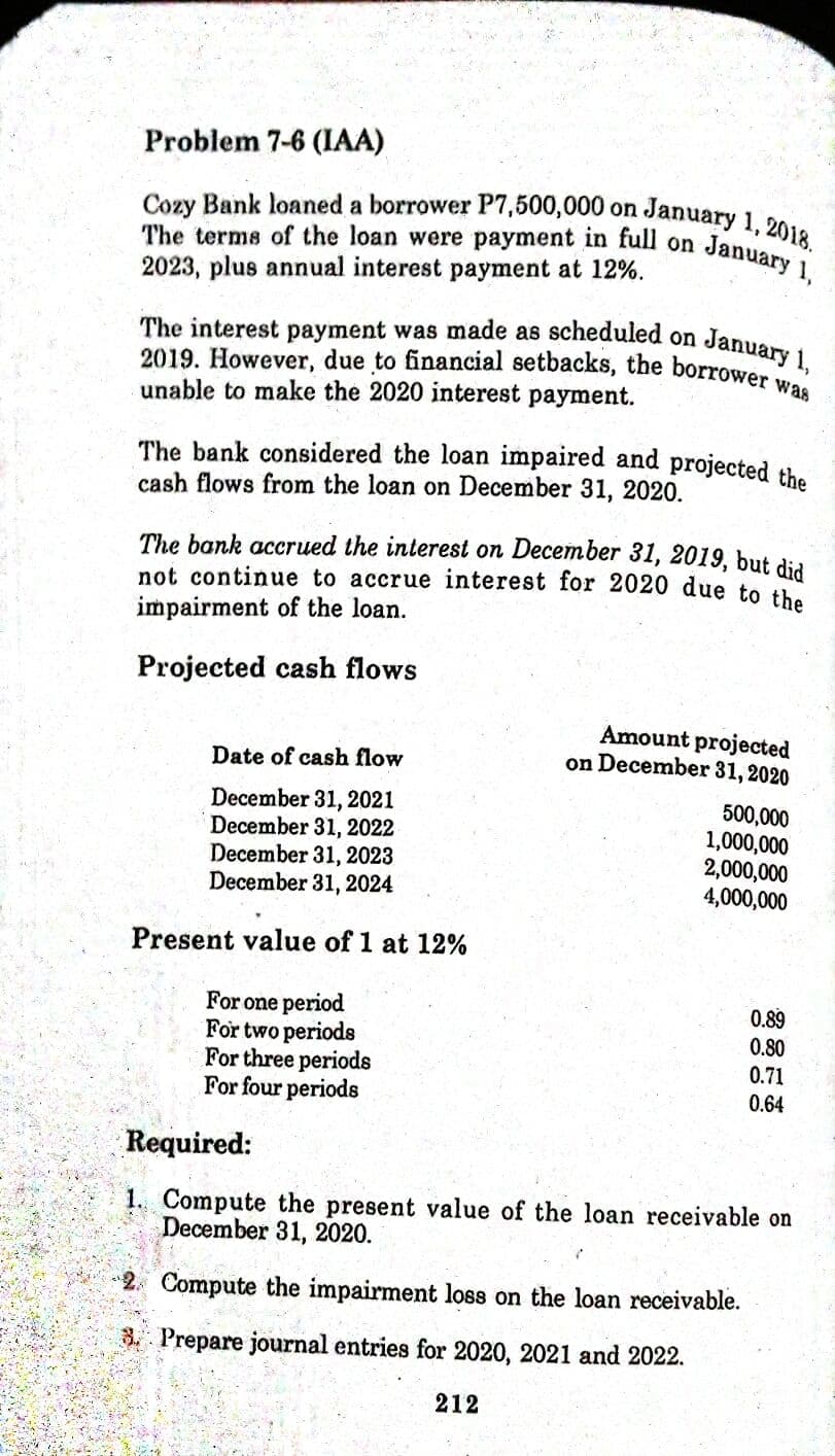 Cozy Bank loaned a borrower P7,500,000 on January 1, 2018.
Problem 7-6 (IAA)
The terms of the loan were payment in full on
2023, plus annual interest payment at 12%.
January 1,
The interest payment was made as scheduled on
2019. However, due to financial setbacks, the borrower w
unable to make the 2020 interest payment.
January 1,
The bank considered the loan impaired and projected the
cash flows from the loan on December 31, 2020.
The bank accrued the interest on December 31, 2019, but dia
not continue to accrue interest for 2020 due to th
impairment of the loan.
Projected cash flows
Amount projected
on December 31, 2020
Date of cash flow
December 31, 2021
December 31, 2022
December 31, 2023
December 31, 2024
500,000
1,000,000
2,000,000
4,000,000
Present value of 1 at 12%
For one period
For two periods
For three periods
For four periods
0.89
0.80
0.71
0.64
Required:
1. Compute the present value of the loan receivable on
December 31, 2020.
2. Compute the impairment loss on the loan receivable.
Prepare journal entries for 2020, 2021 and 2022.
212
