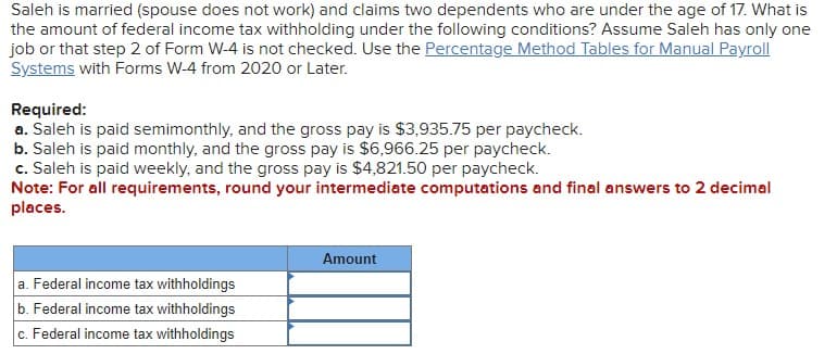 Saleh is married (spouse does not work) and claims two dependents who are under the age of 17. What is
the amount of federal income tax withholding under the following conditions? Assume Saleh has only one
job or that step 2 of Form W-4 is not checked. Use the Percentage Method Tables for Manual Payroll
Systems with Forms W-4 from 2020 or Later.
Required:
a. Saleh is paid semimonthly, and the gross pay is $3,935.75 per paycheck.
b. Saleh is paid monthly, and the gross pay is $6,966.25 per paycheck.
c. Saleh is paid weekly, and the gross pay is $4,821.50 per paycheck.
Note: For all requirements, round your intermediate computations and final answers to 2 decimal
places.
a. Federal income tax withholdings
b. Federal income tax withholdings
c. Federal income tax withholdings
Amount